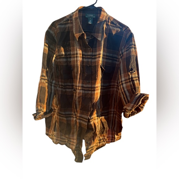 Lauren Ralph Lauren Tops - Polo Ralph Lauren Shirt Sz X3  Black Brown Plaid 100% Linen Button Down NWOT